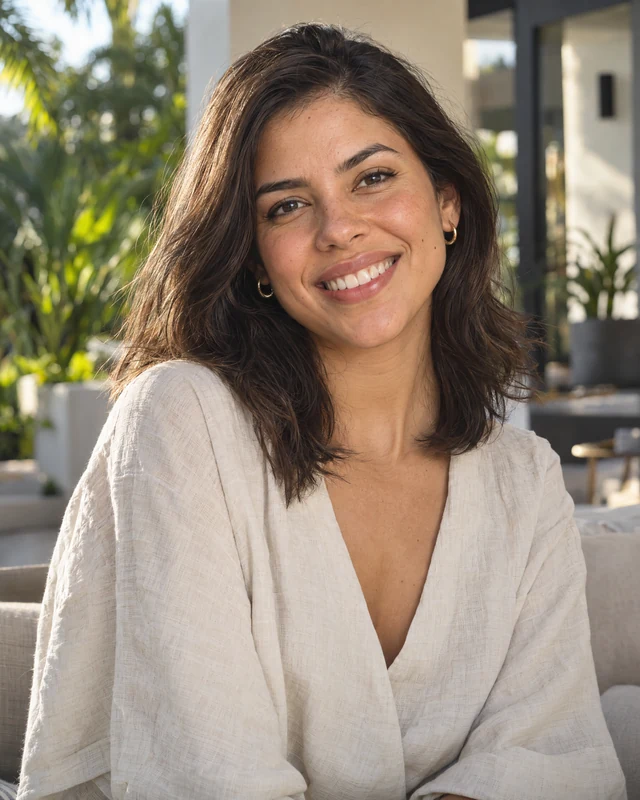 Young woman smiling outdoors in a light blouse